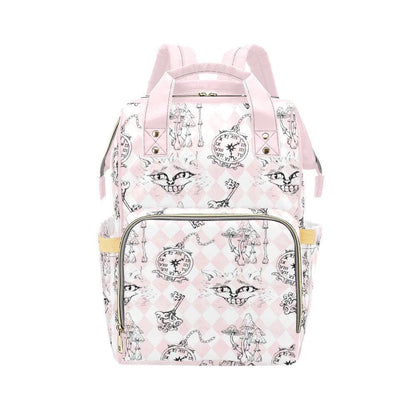 Pink Diaper Backpack, Wonderland Cat Clock Key Print Mommy Bag, Pastel Nursery Travel Bag