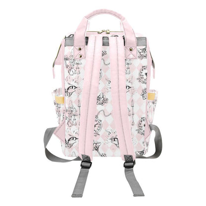 Pink Diaper Backpack, Wonderland Cat Clock Key Print Mommy Bag, Pastel Nursery Travel Bag