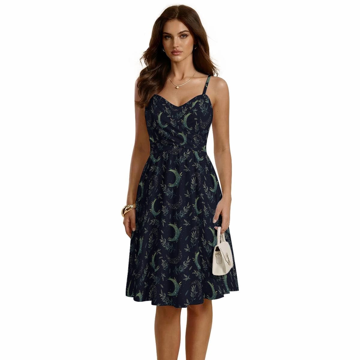 Celestial Moon Botanical Midi Dress, Navy Fit and Flare Vacation Outfit