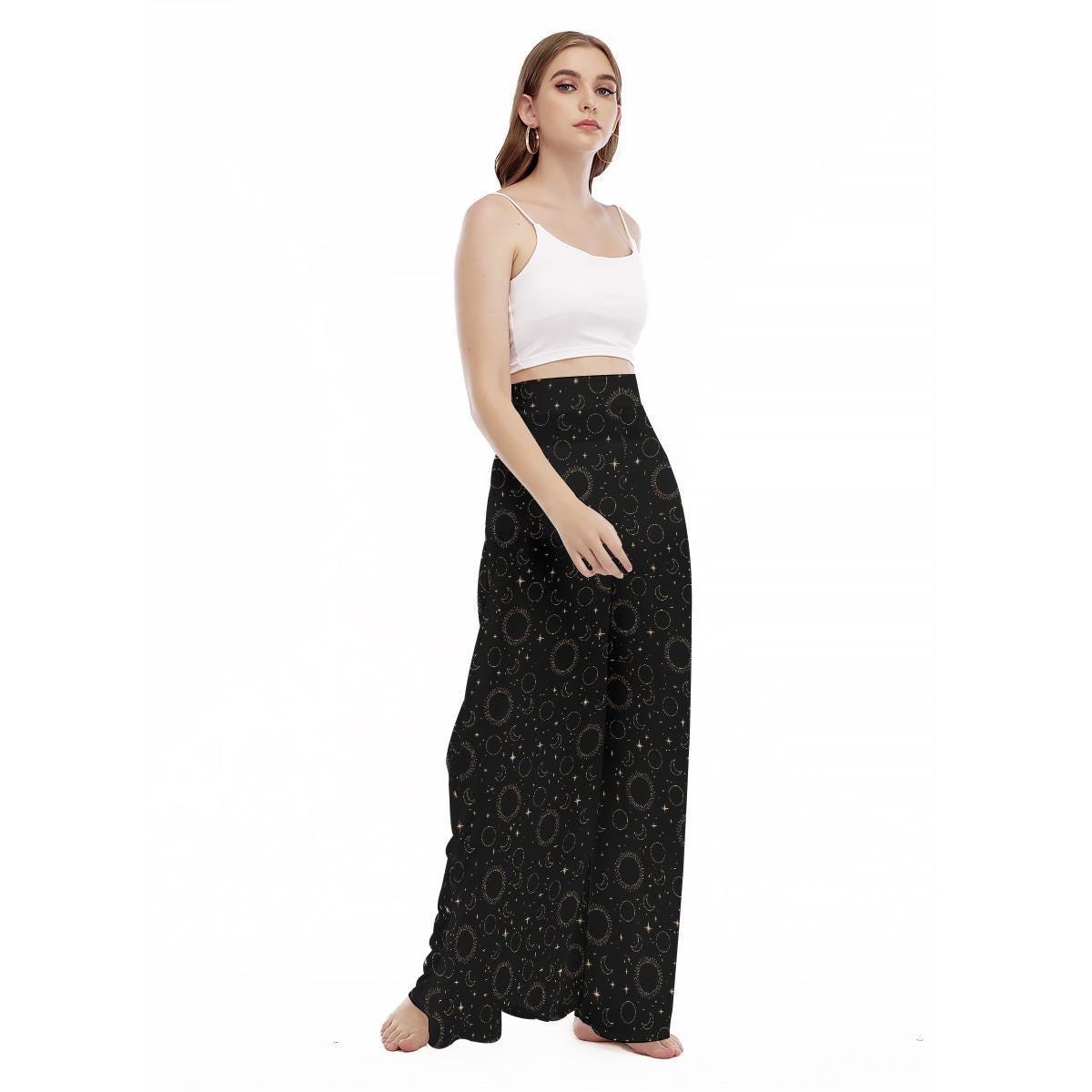 Celestial Wide Leg Pants, High Waisted Moon Star Print Trousers, Boho Resort Wear