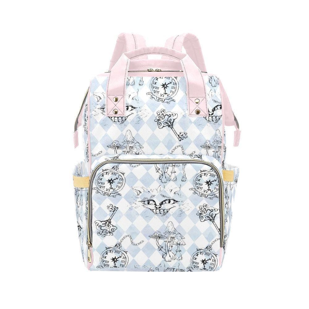 Storybook Diaper Bag Backpack, Pastel Clock Cat Print, Whimsical Mom Travel Bag