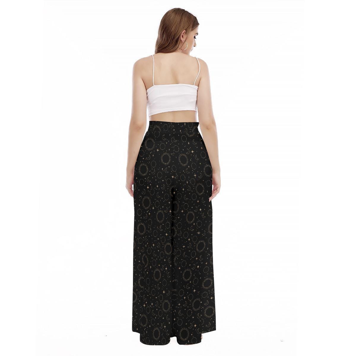 Celestial Wide Leg Pants, High Waisted Moon Star Print Trousers, Boho Resort Wear