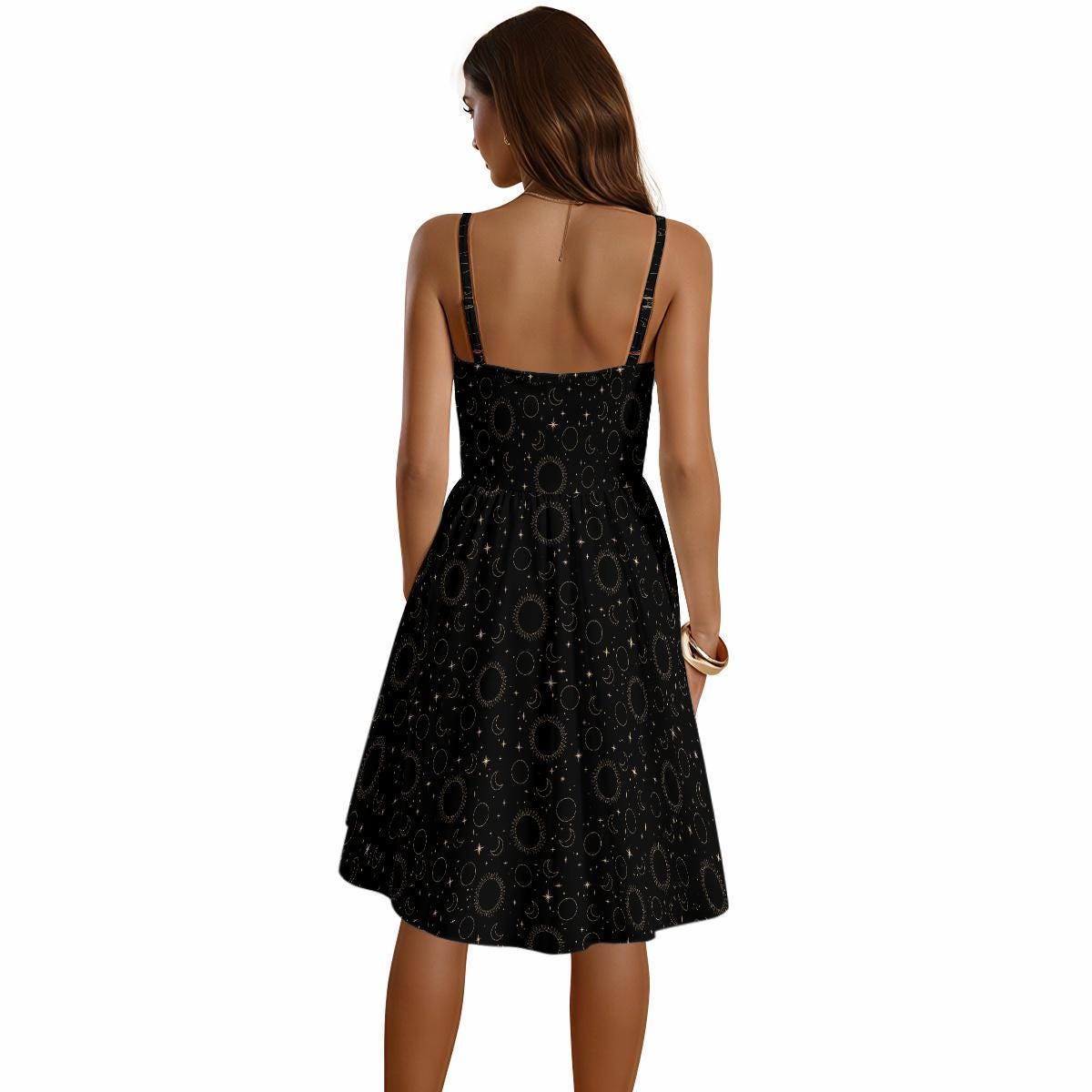 Black Celestial Sun Moon Eclipse Midi Dress, Gold Mystic Print Sundress