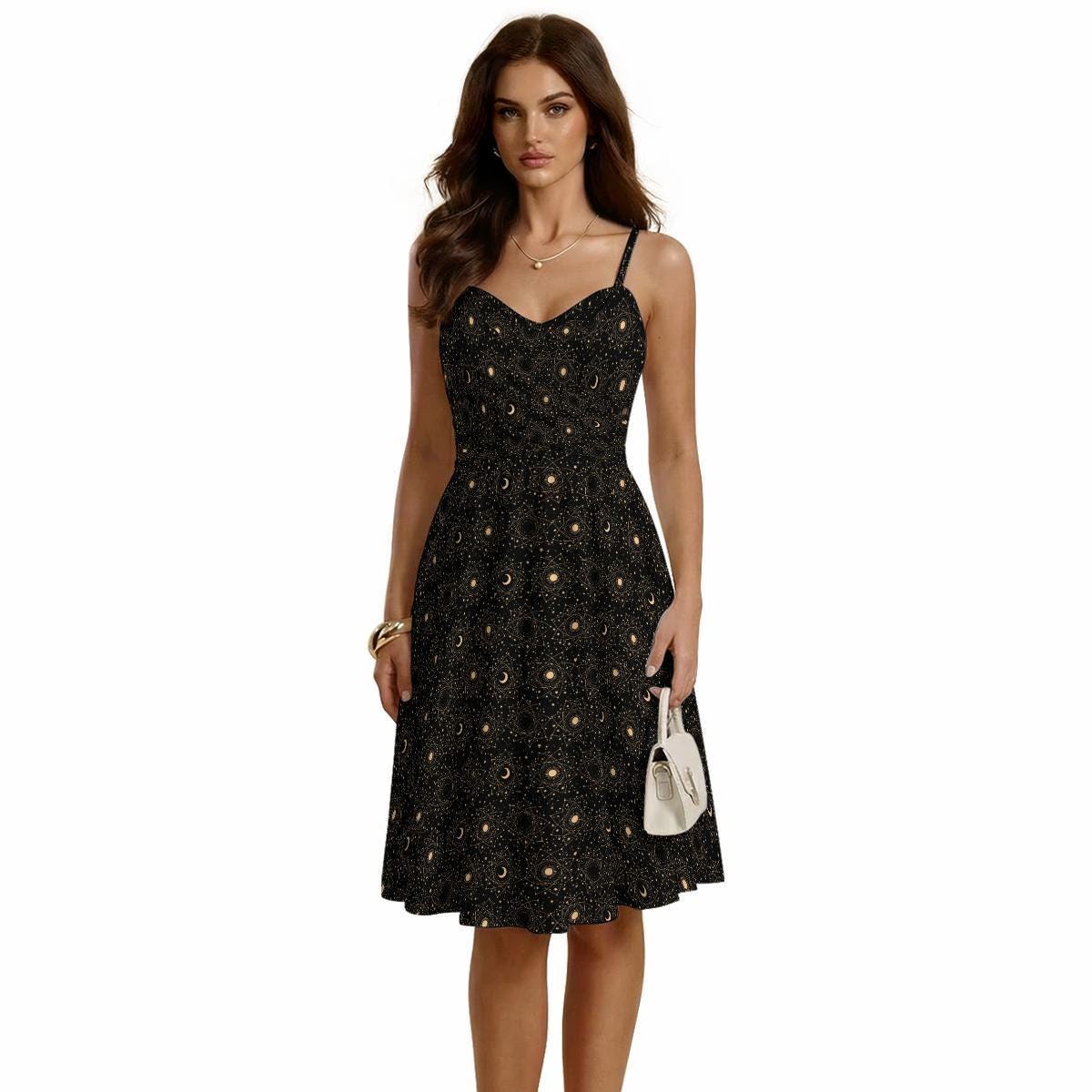 Black Celestial Midi Dress, Moon Stars Fit Flare, Astrology Cosmic Outfit