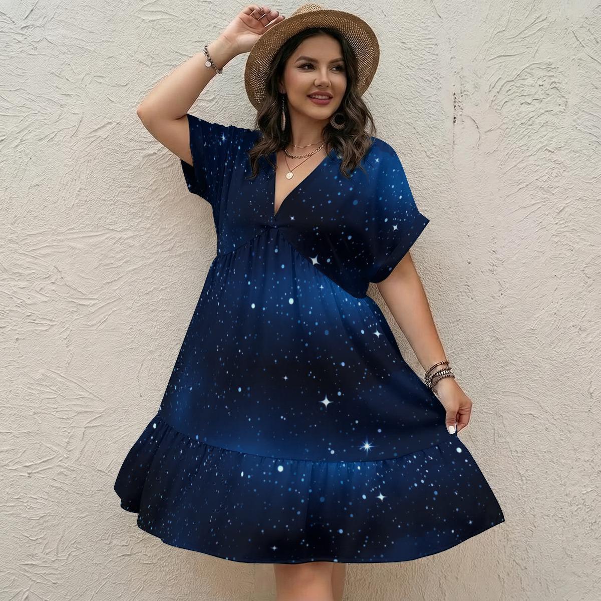 Navy Starry Sky Mini Dress, V Neck Babydoll Galaxy Sundress