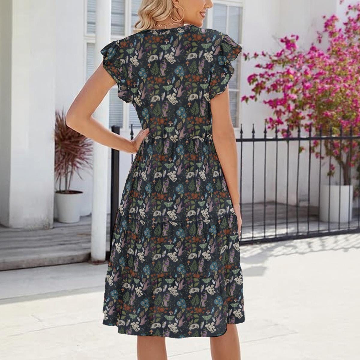 Woodland Animal Midi Dress, Forest Folk Flutter Sleeve Dress, Dark Nature Cottagecore Outfit