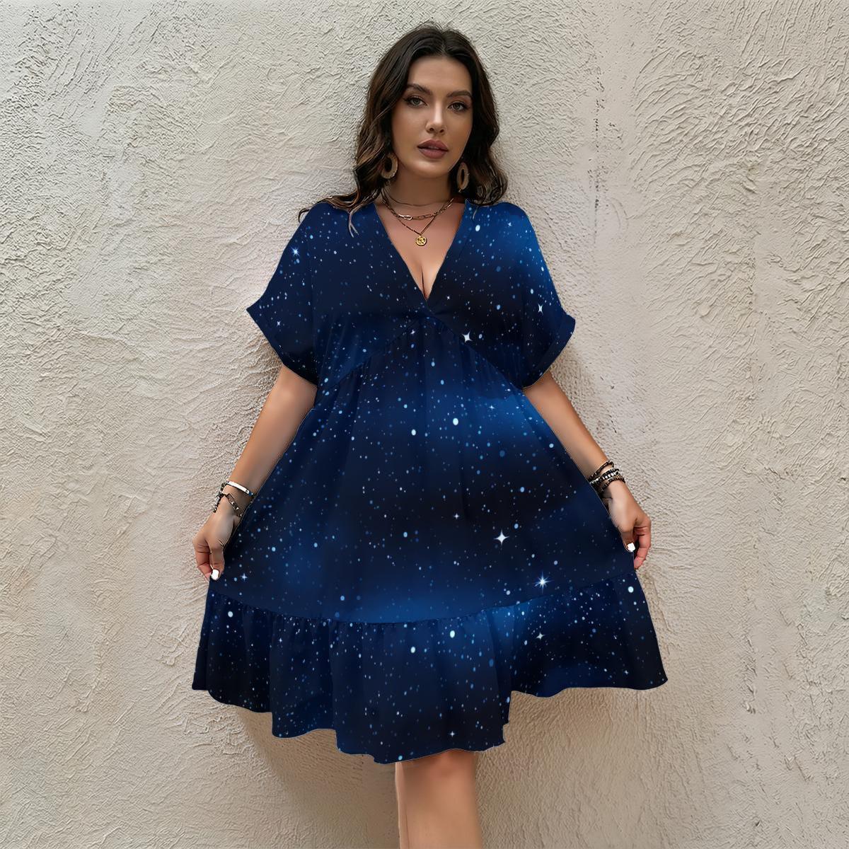 Navy Starry Sky Mini Dress, V Neck Babydoll Galaxy Sundress