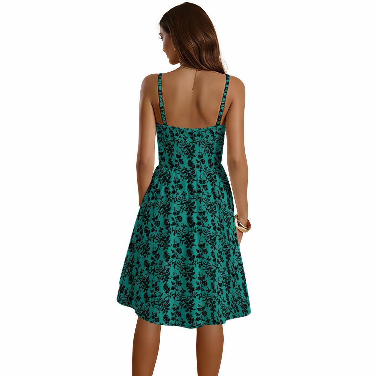 Teal Floral Sundress, Black Damask Fit and Flare, Gothic Botanical Midi Dress