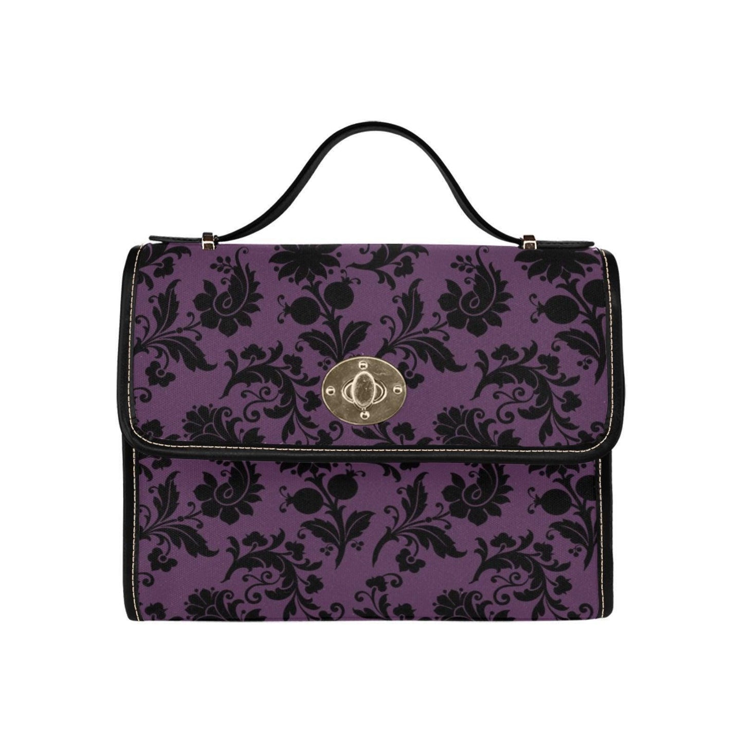 Purple Damask Top Handle Handbag, Victorian Baroque Floral Evening Purse