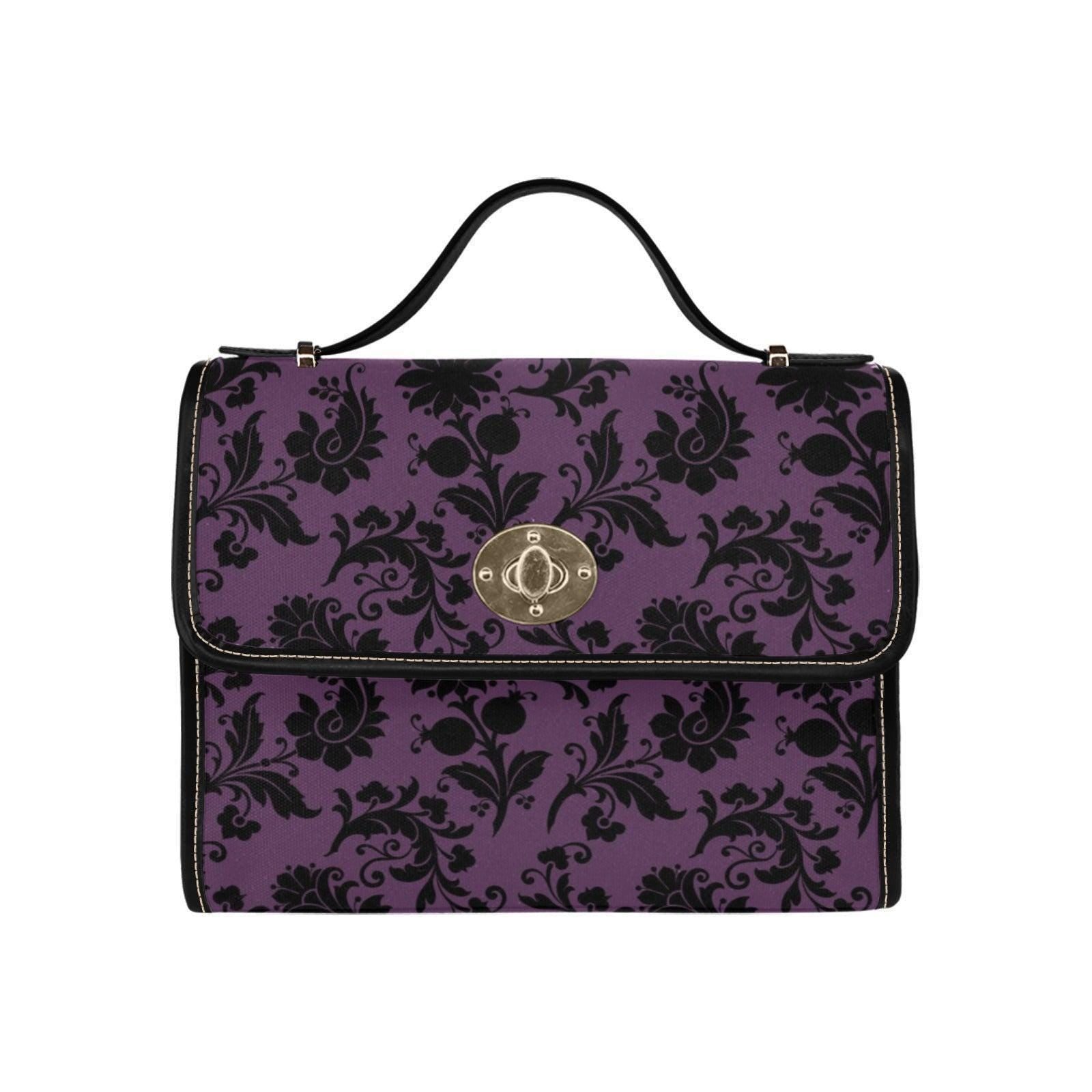 Purple Damask Top Handle Handbag, Victorian Baroque Floral Evening Purse