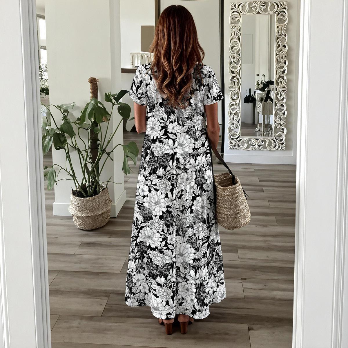 Black White Floral Maxi Dress, Botanical Print, Short Sleeve, Side Slit, Resort Wear