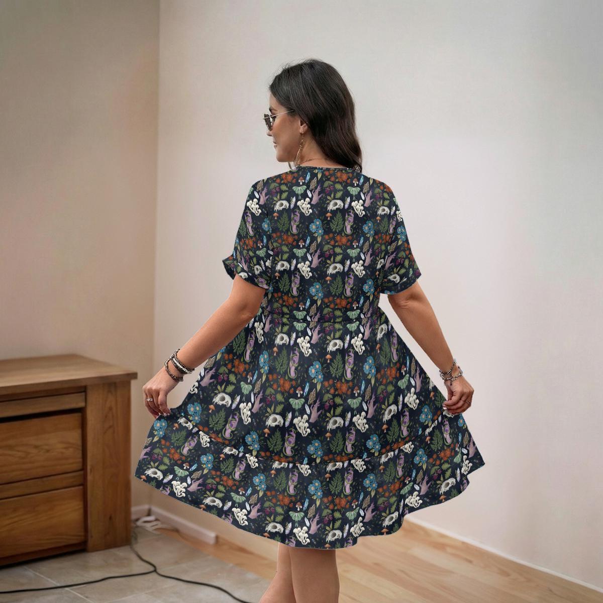 Mushroom Floral Babydoll Dress, Dark Woodland V Neck Mini Sundress
