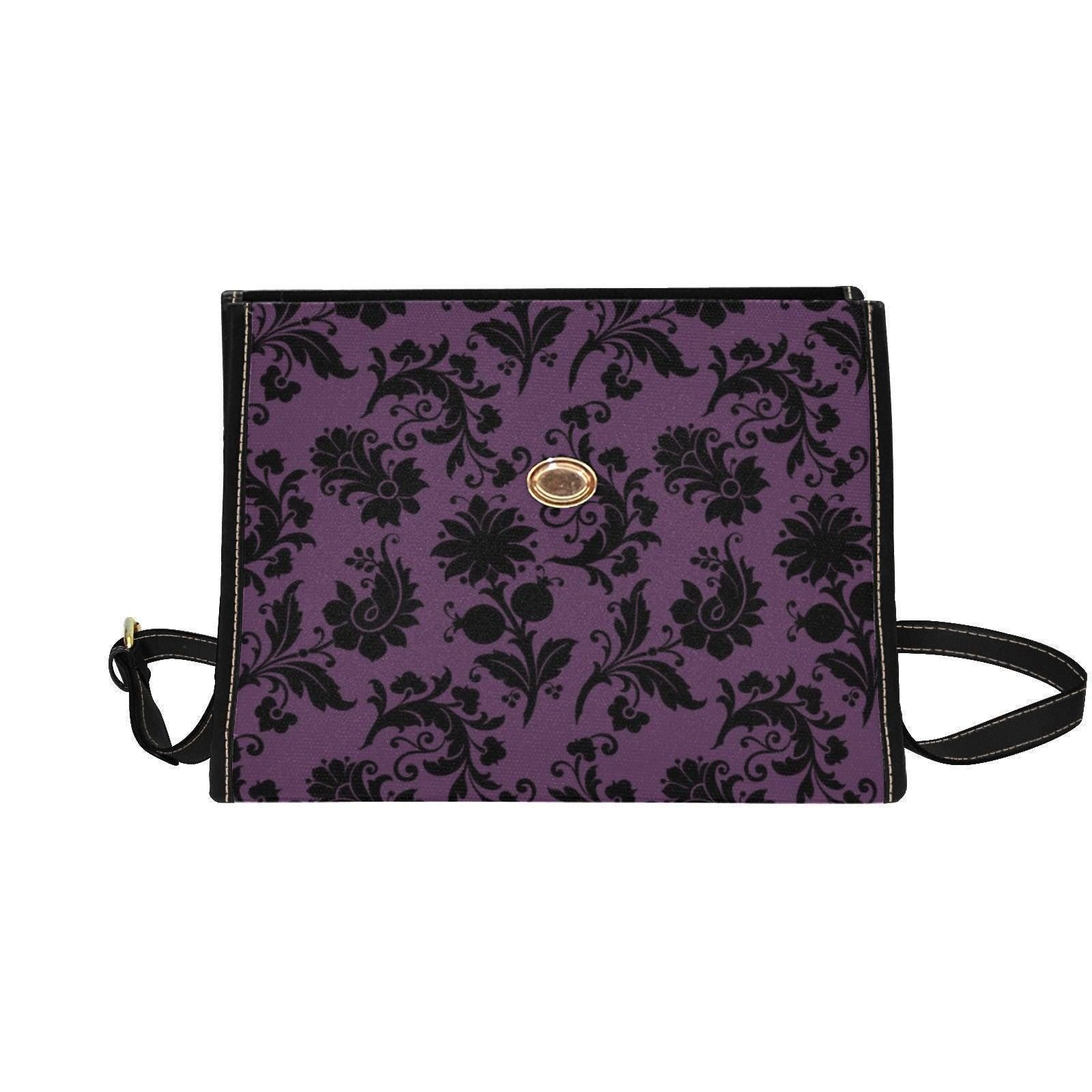 Purple Damask Top Handle Handbag, Victorian Baroque Floral Evening Purse