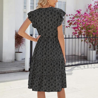 Witchy Floral Midi Dress, Black Flutter Sleeve, Dark Cottage Garden V Neck