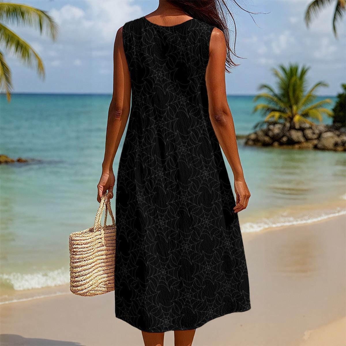 Sleeveless Spider Web Midi Dress, Dark Gothic Resort Wear