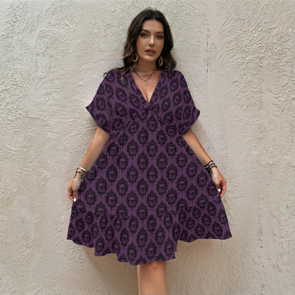 Purple Skull Print Mini Dress, Gothic Boho V-Neck Swing Outfit