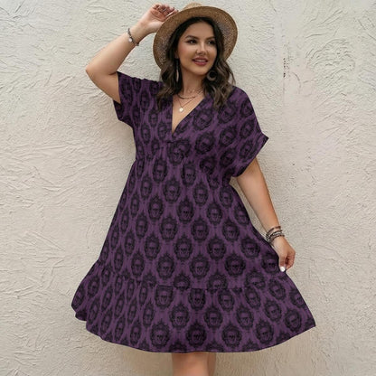Purple Skull Print Mini Dress, Gothic Boho V-Neck Swing Outfit