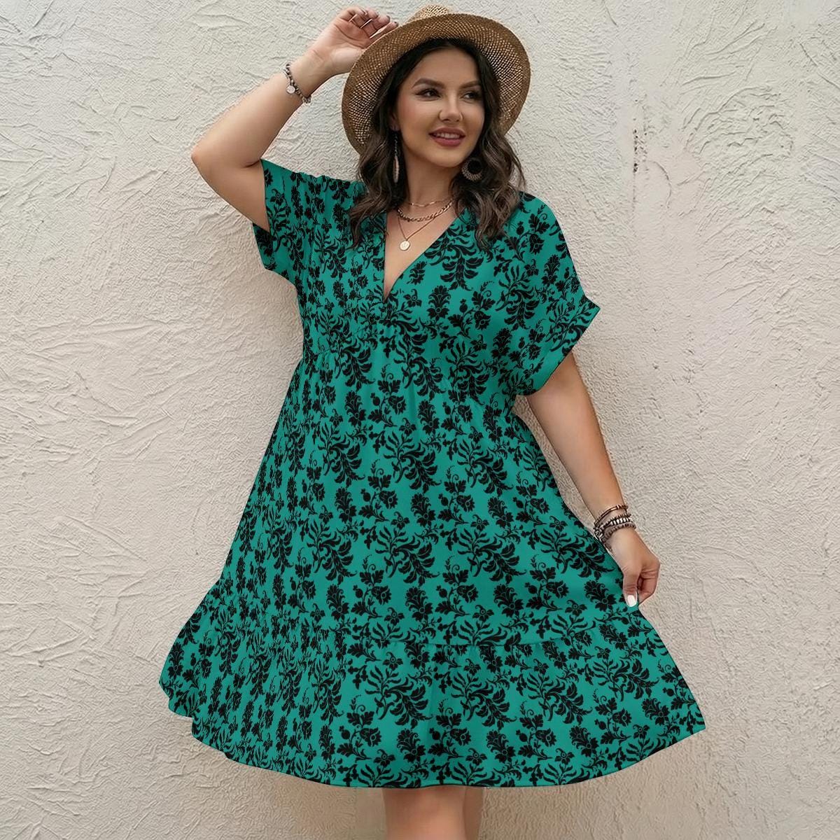 Teal Damask Mini Dress, Vintage Inspired V-Neck, Boho Short Sleeve Sundress