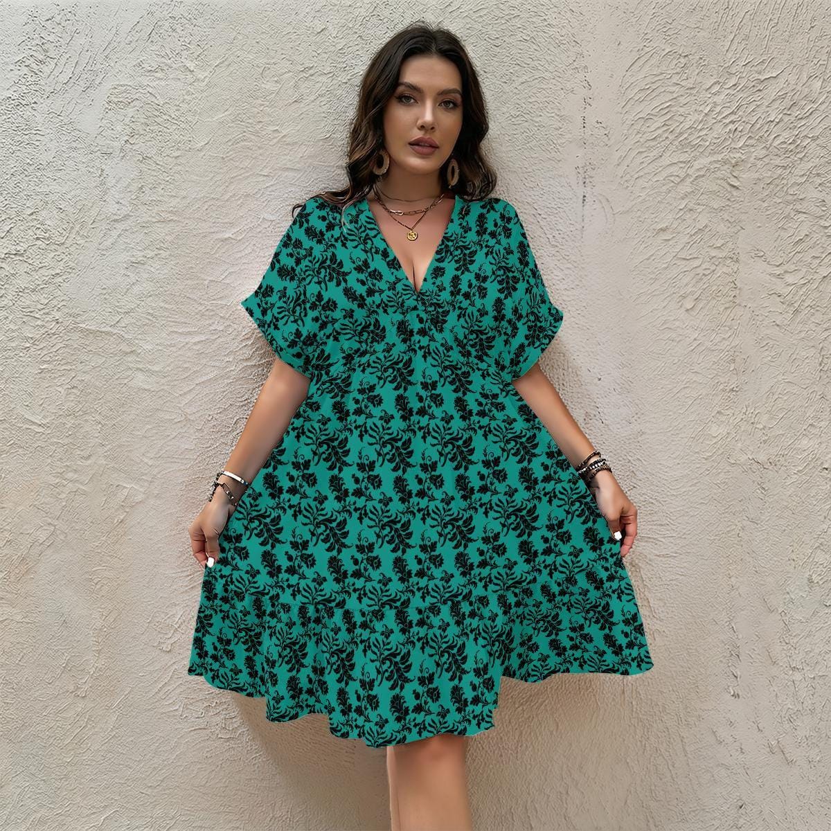 Teal Damask Mini Dress, Vintage Inspired V-Neck, Boho Short Sleeve Sundress