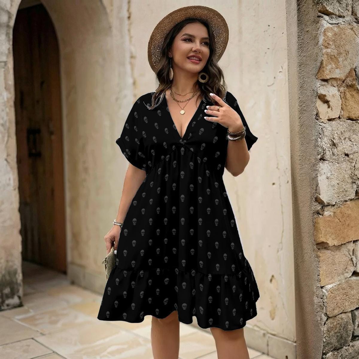 Skull Babydoll Dress, Black Goth Mini Swing Dress, Casual Alternative Tunic Outfit for Women