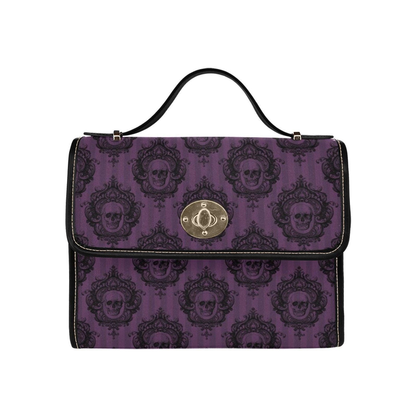 Gothic Skull Handbag, Purple Victorian Damask Satchel, Dark Academia Top Handle Bag