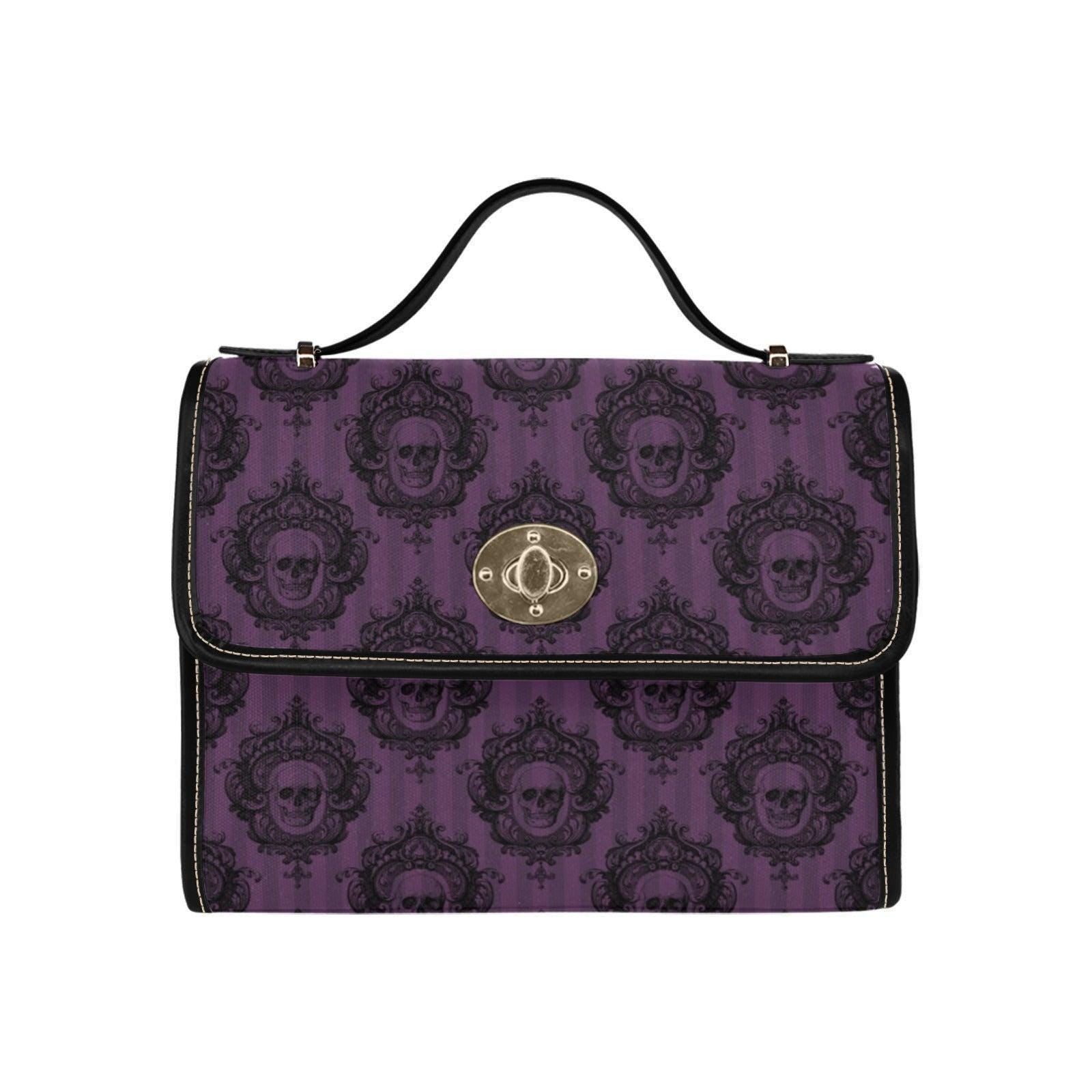 Gothic Skull Handbag, Purple Victorian Damask Satchel, Dark Academia Top Handle Bag
