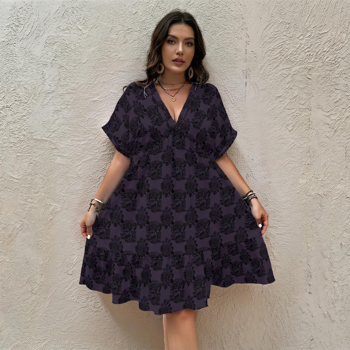Purple Rose Babydoll Dress, Dark Floral Mini Swing, Romantic V Neck Outfit