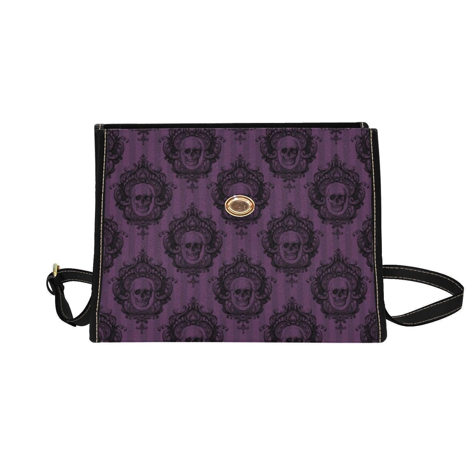 Gothic Skull Handbag, Purple Victorian Damask Satchel, Dark Academia Top Handle Bag