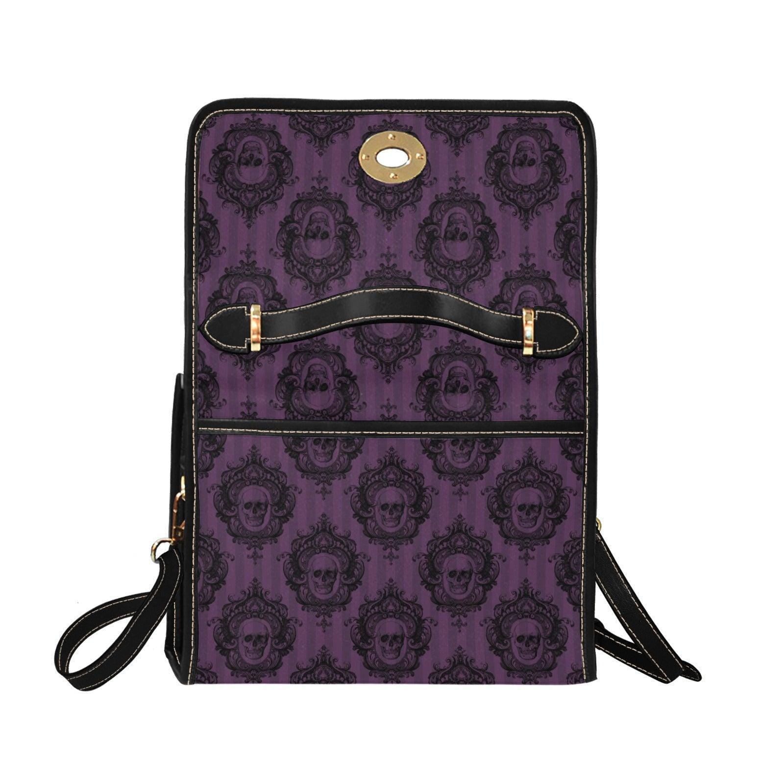 Gothic Skull Handbag, Purple Victorian Damask Satchel, Dark Academia Top Handle Bag