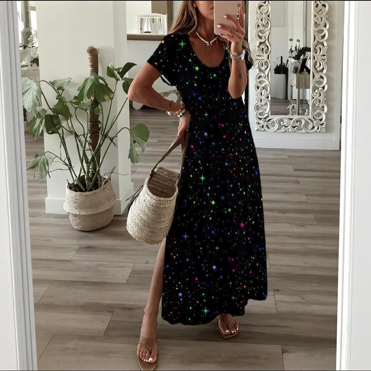 Black Rainbow Star Maxi Dress, Celestial Summer Outfit, Side Slit Astrology Gift