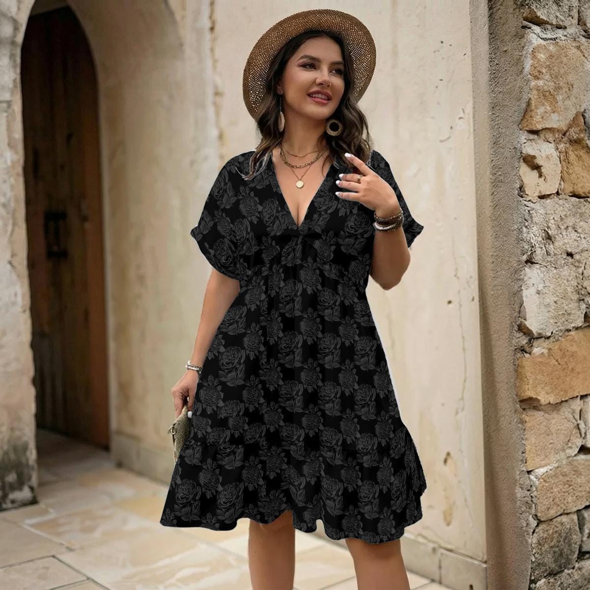 Black Rose Babydoll Dress, Dark Floral V Neck Mini Dress for Romantic Goth Style, Moody Weekend Outfit and Gift for Her