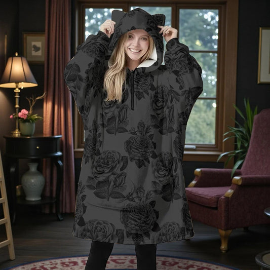 Dark Floral Oversized Hoodie Blanket, Black Rose Wearable Lounge Fleece