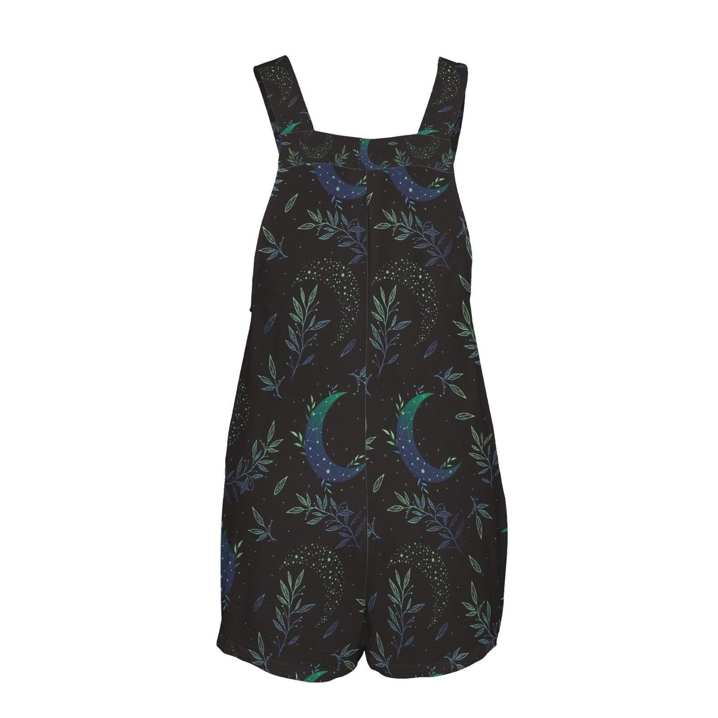 Black Celestial Moon Print Romper Shorts, Botanical Witchy Summer Outfit