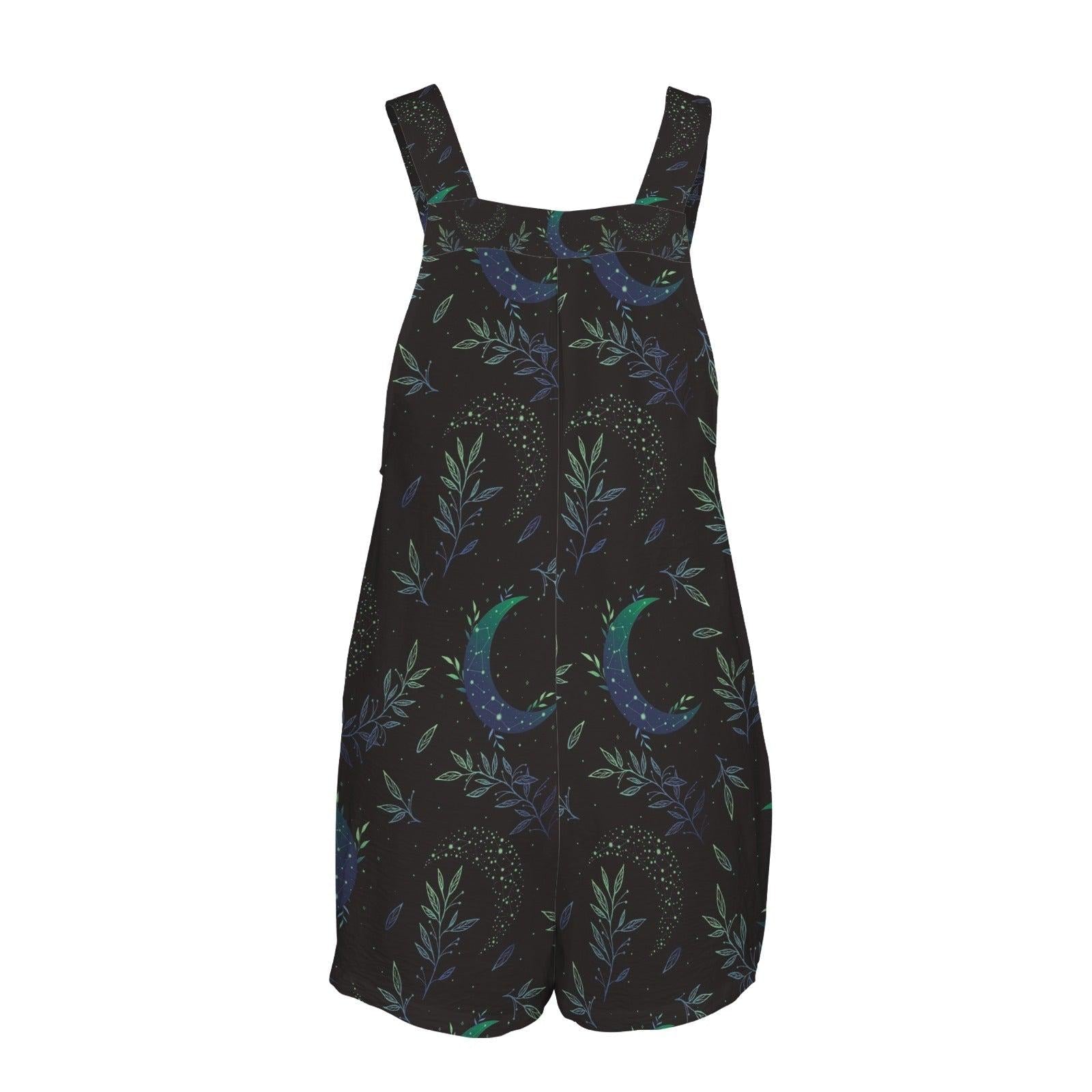 Black Celestial Moon Print Romper Shorts, Botanical Witchy Summer Outfit