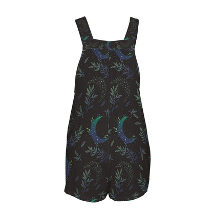 Black Celestial Moon Print Romper Shorts, Botanical Witchy Summer Outfit