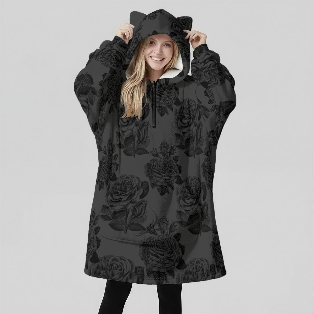 Dark Floral Oversized Hoodie Blanket, Black Rose Wearable Lounge Fleece