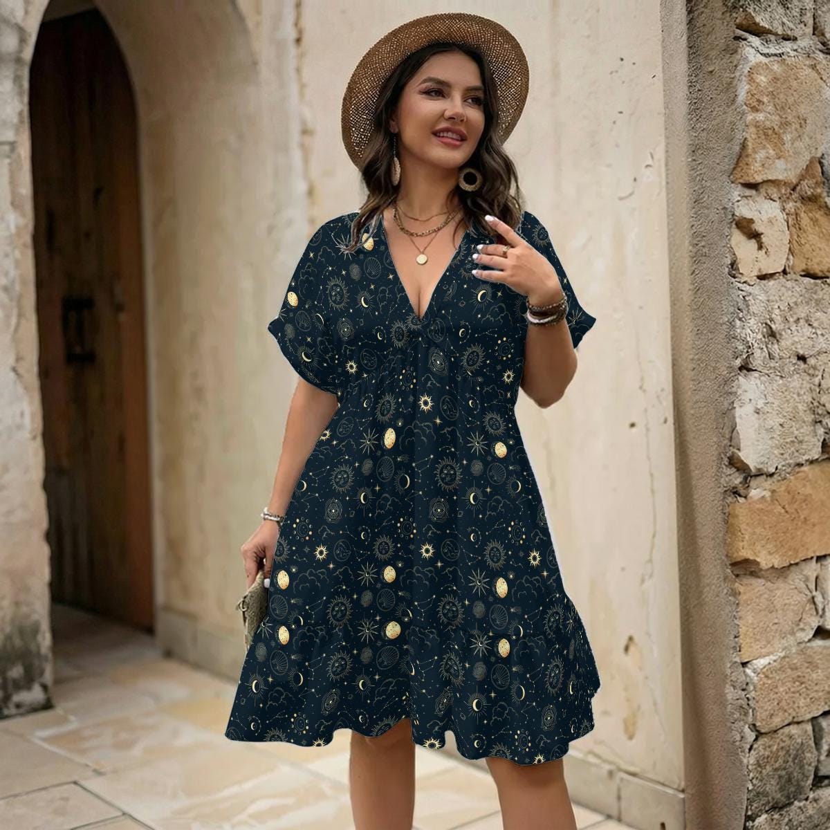 Celestial Sun Moon Babydoll Mini Dress, Navy Boho Astrology Print