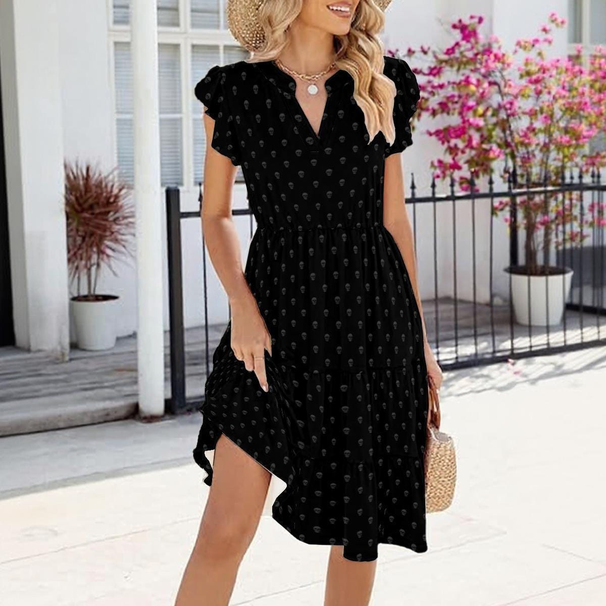 Black Ditsy Floral Midi Dress, Cottagecore Botanical Flutter Sleeve Sundress