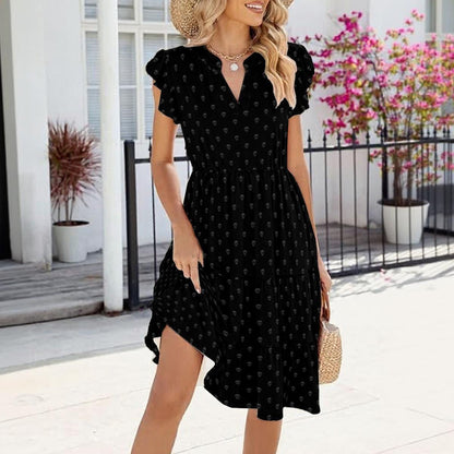 Black Ditsy Floral Midi Dress, Cottagecore Botanical Flutter Sleeve Sundress