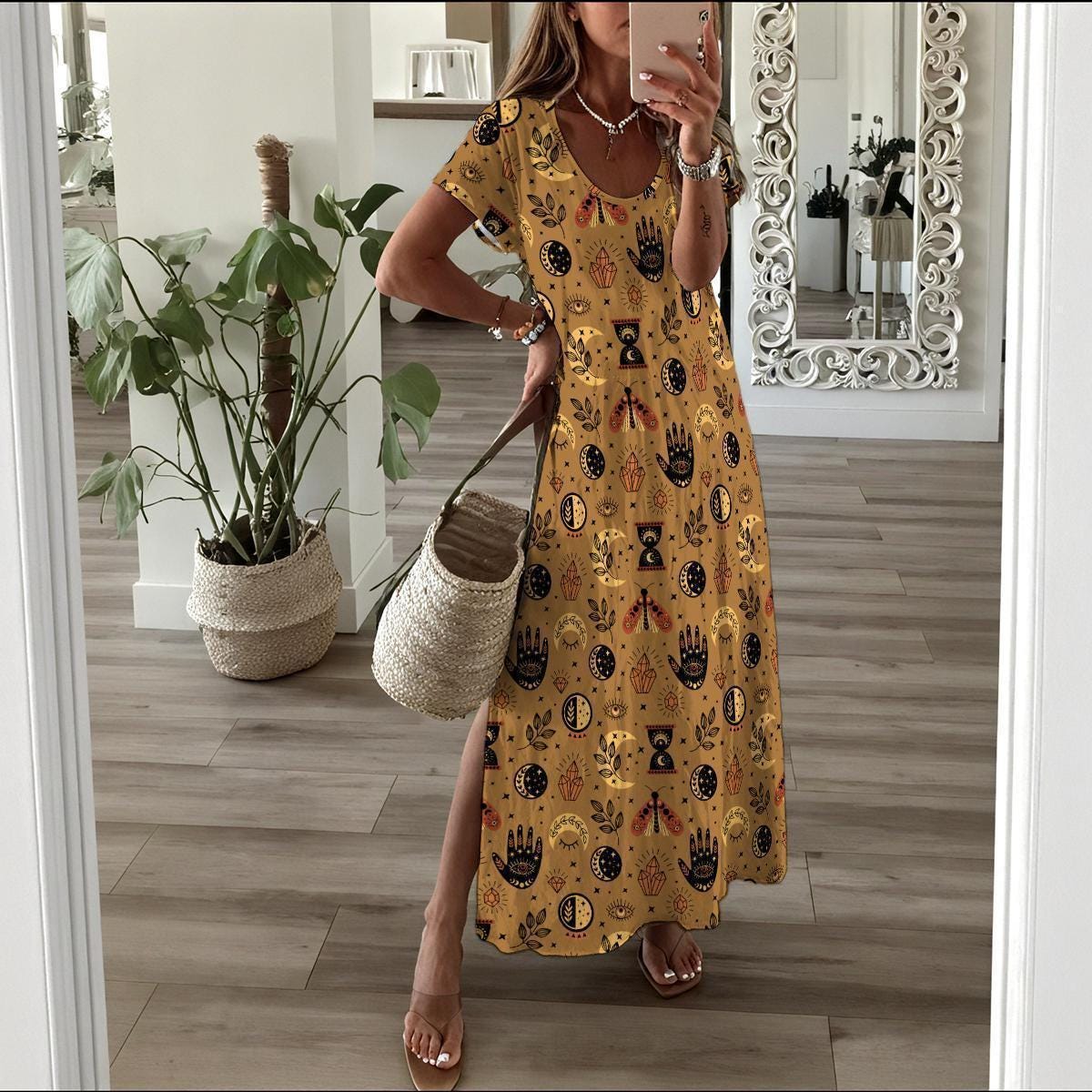 Mustard Tarot Print Maxi Dress, Mystic Boho Moon Phase Festival Outfit