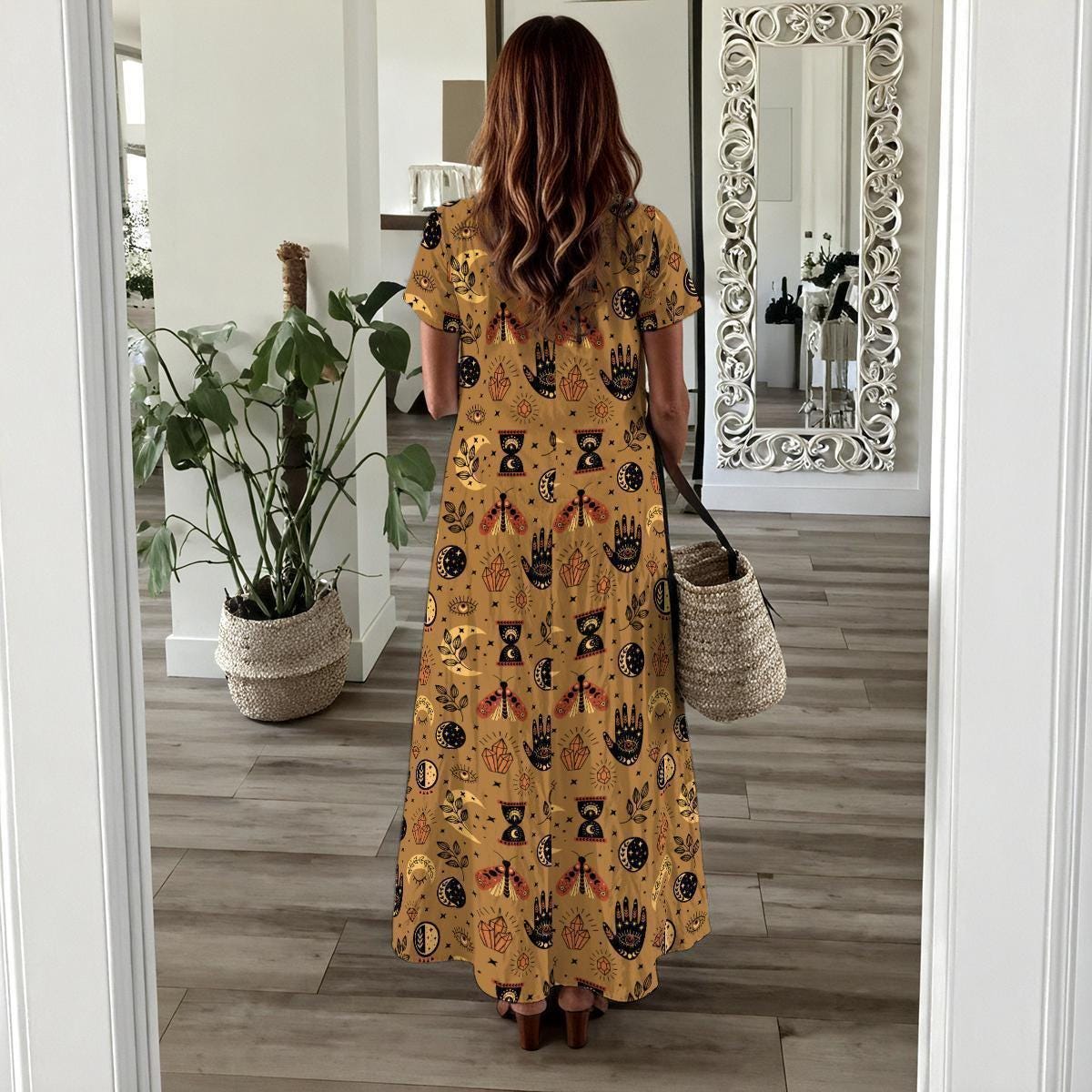 Mustard Tarot Print Maxi Dress, Mystic Boho Moon Phase Festival Outfit