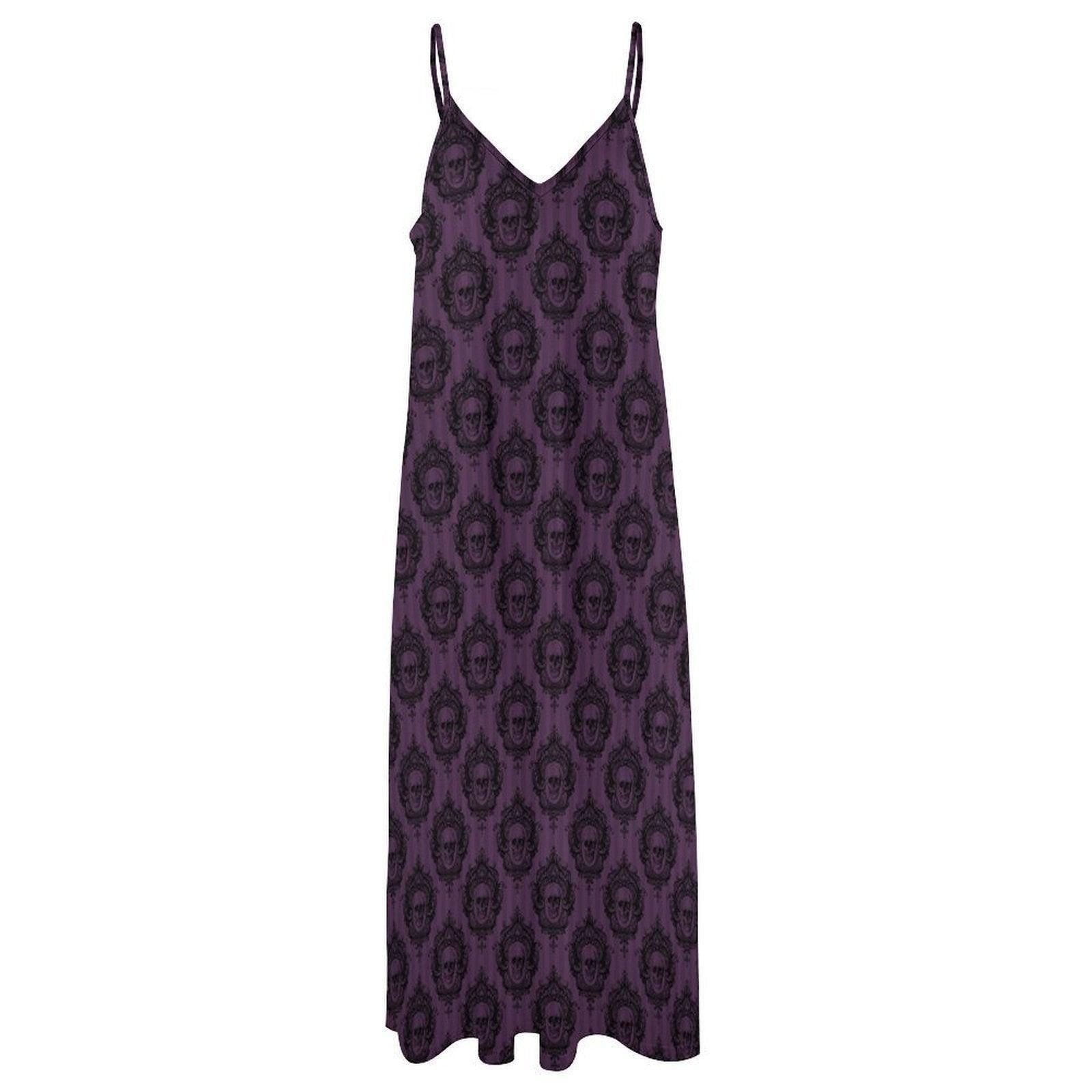Purple Skull Maxi Dress, Gothic Spaghetti Strap Sundress, Dark Romantic Boho Outfit