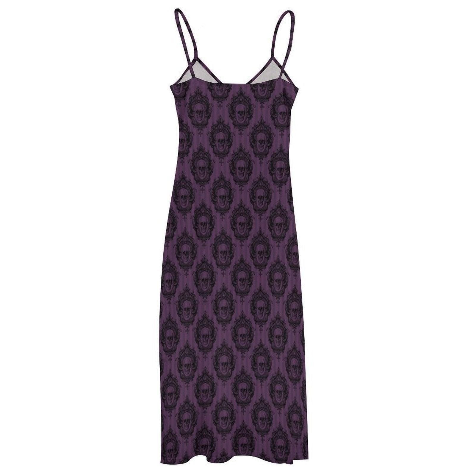 Purple Skull Maxi Dress, Gothic Spaghetti Strap Sundress, Dark Romantic Boho Outfit