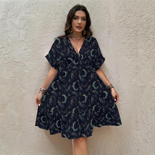 Navy Crescent Moon Botanical Babydoll Dress, Mystic Boho V Neck Mini Outfit