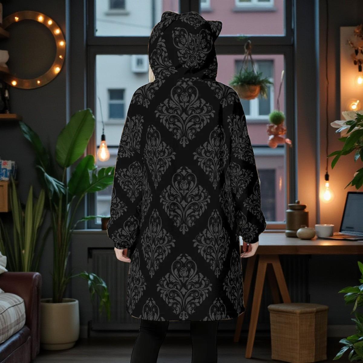 Gothic Black Damask Wearable Blanket Hoodie, Oversized Dark Academia Lounge Gift