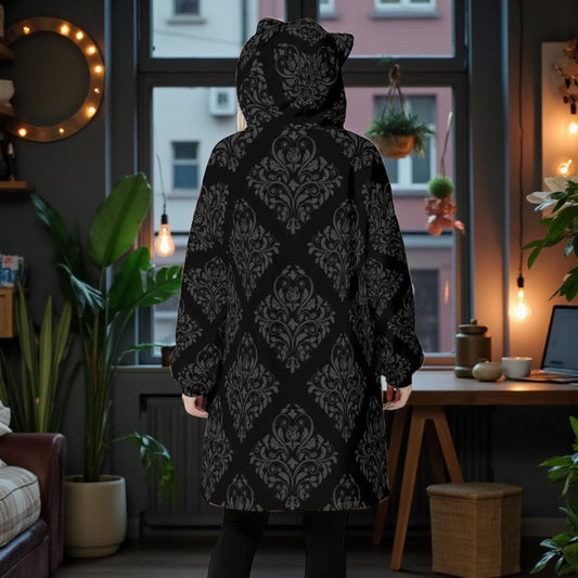 Gothic Black Damask Wearable Blanket Hoodie, Oversized Dark Academia Lounge Gift
