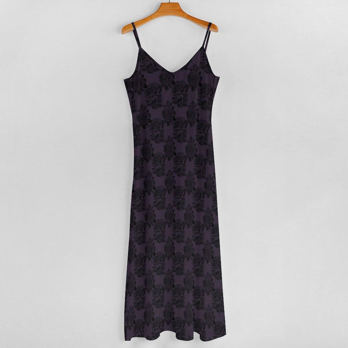 Gothic Rose Maxi Dress, Dark Floral Cami Sundress, Romantic Boho Vacation Apparel