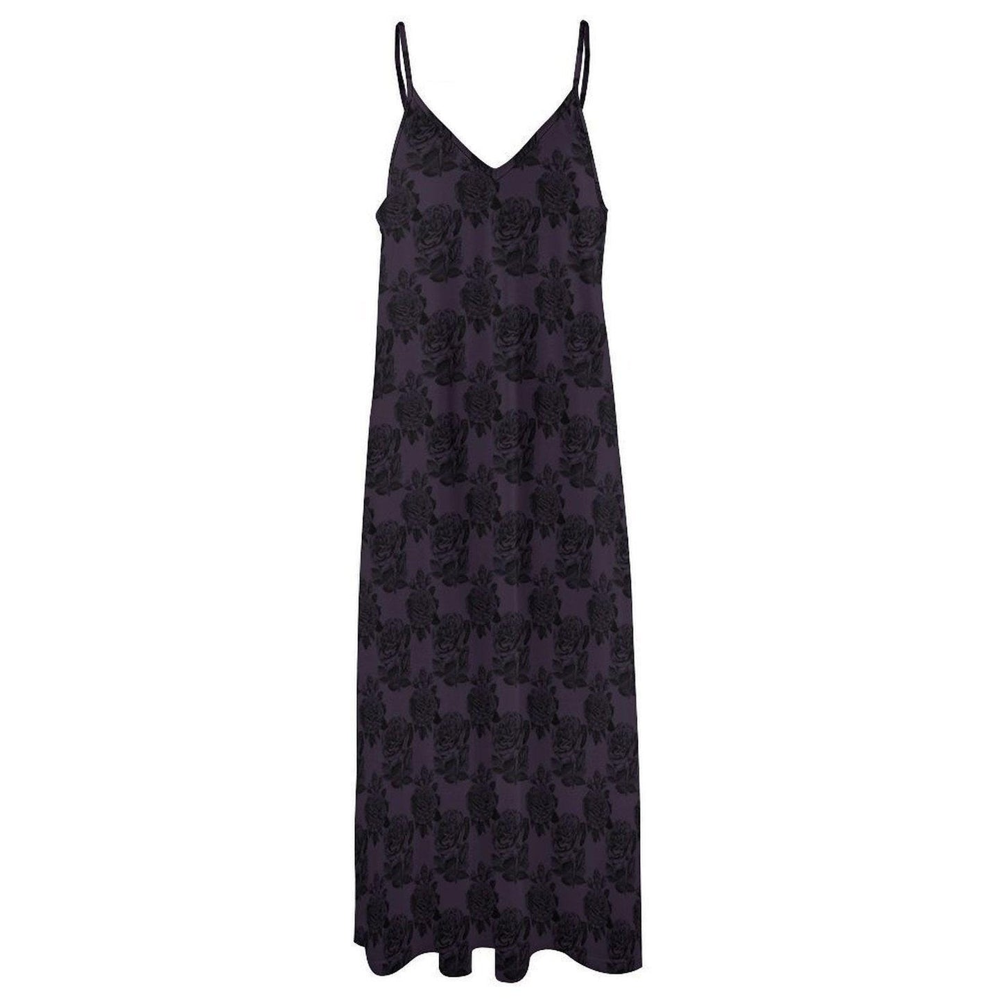 Gothic Rose Maxi Dress, Dark Floral Cami Sundress, Romantic Boho Vacation Apparel