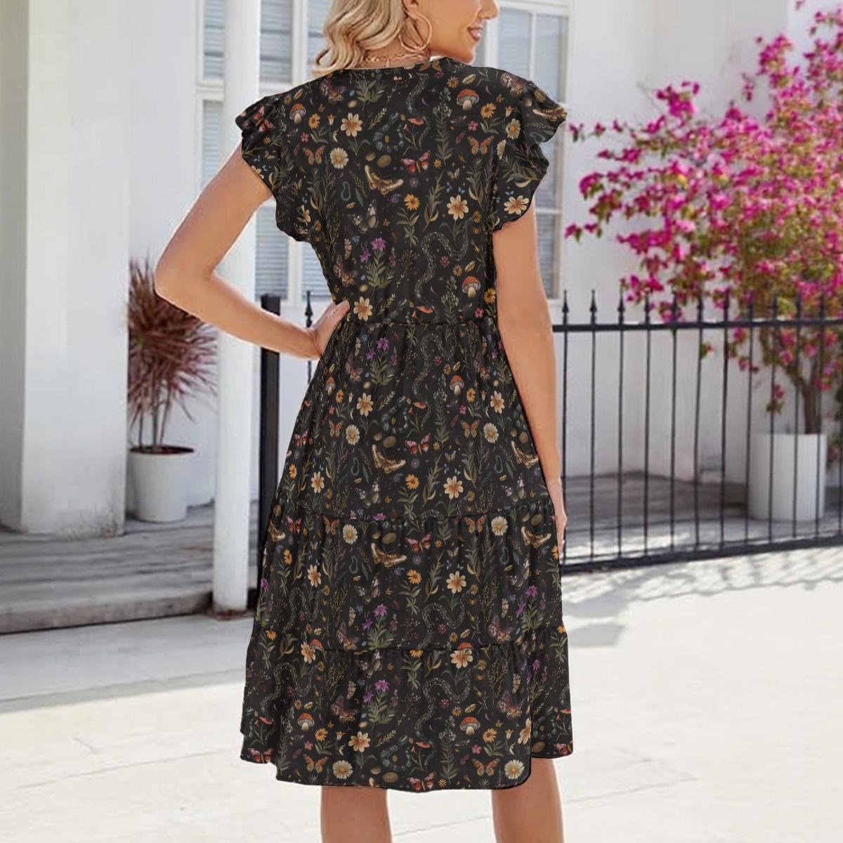 Snake Mushroom Midi Dress, Dark Woodland Floral Tiered Dress, Witchy Cottagecore Fall Outfit