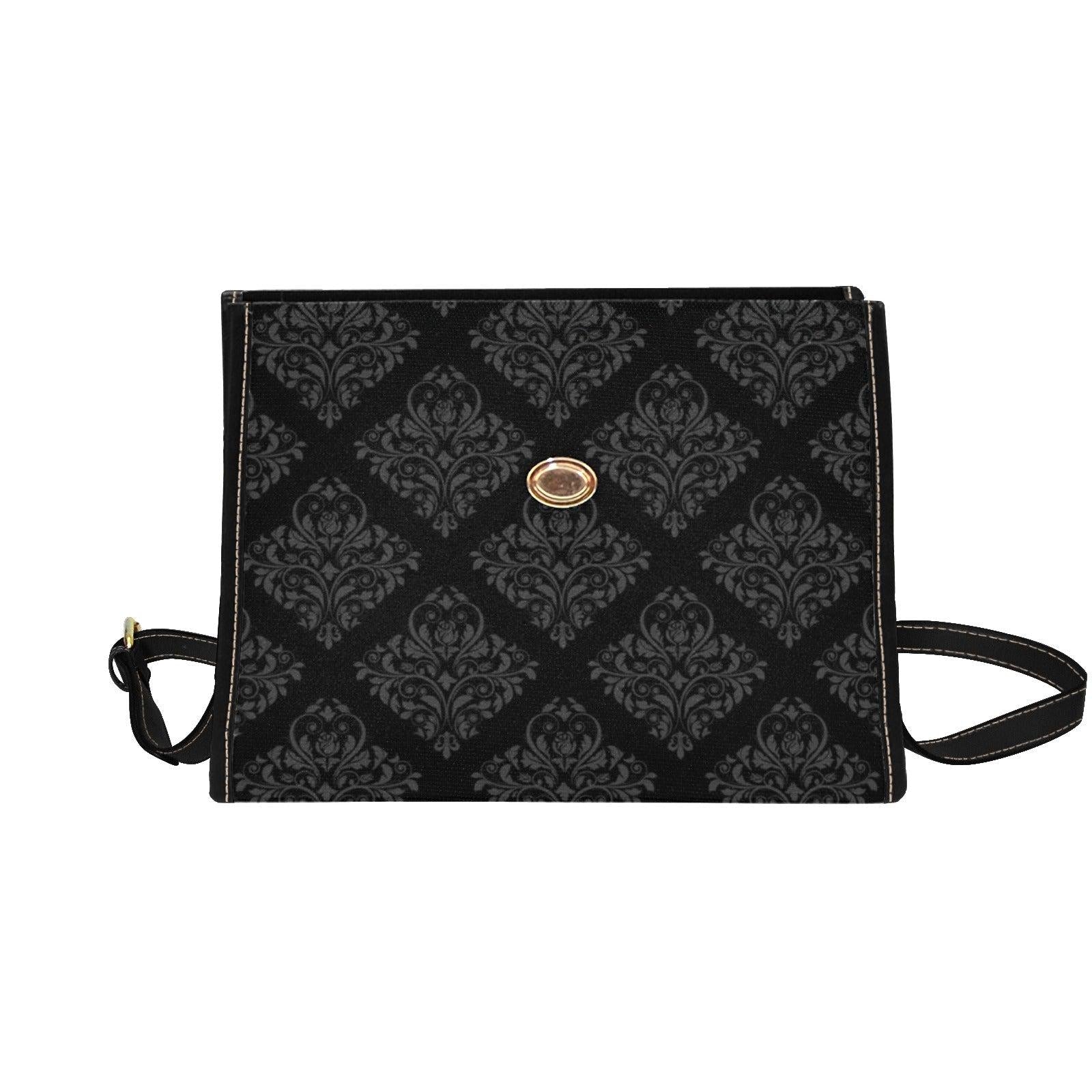Black Damask Satchel Handbag, Baroque Top Handle Purse, Dark Academia Evening Bag
